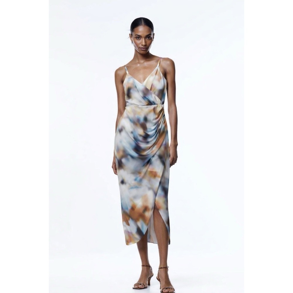 ZARA Tie Dye Abstract Camisole Midi Dress Draped Wrap Slip Dress Size S